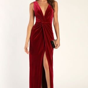 Lulus Wine Red Velvet Twist-front Maxi Dress - Size L